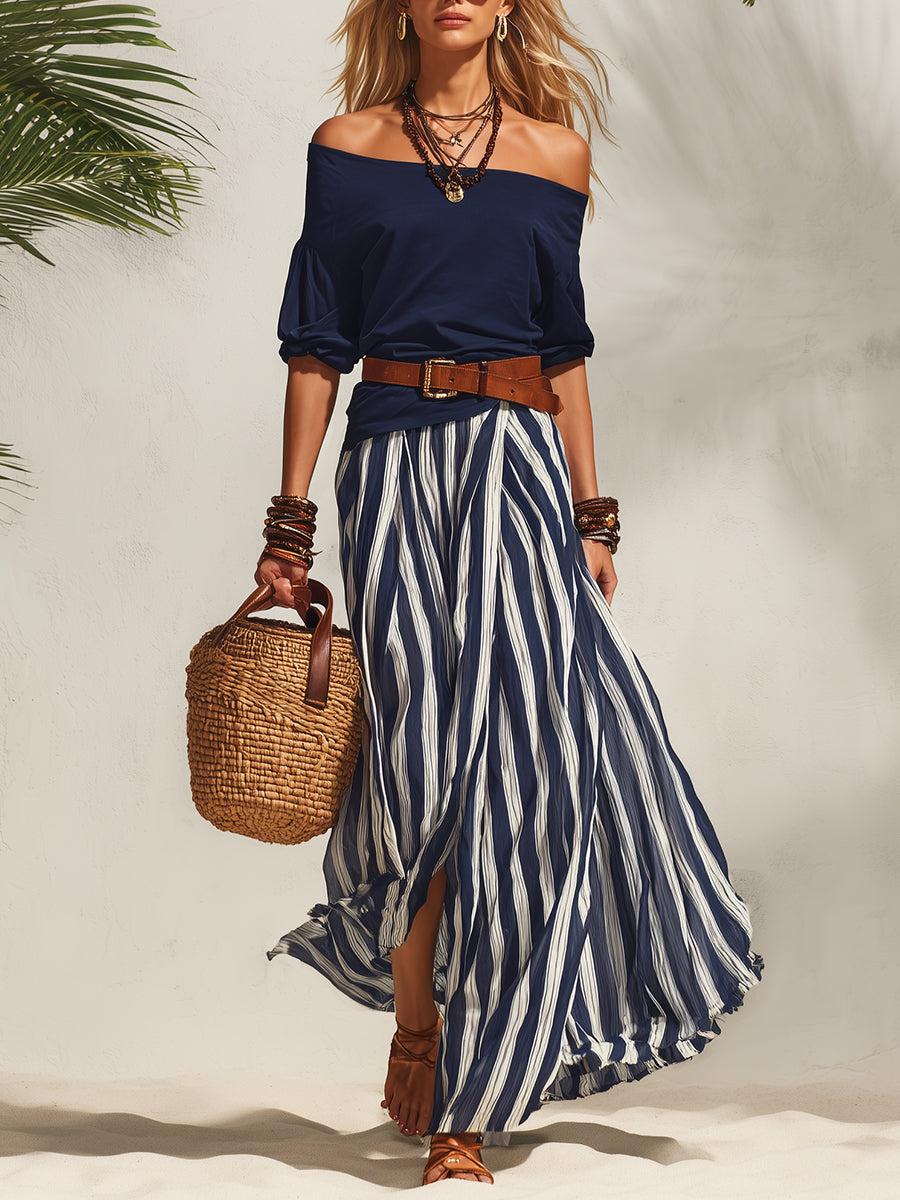 Nautical Off-the-shoulder Top And Striped Chiffon Slit Skirt Set