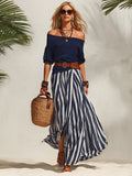 Nautical Off-the-shoulder Top And Striped Chiffon Slit Skirt Set
