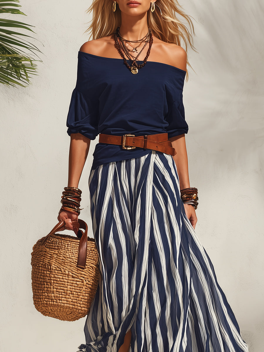 Nautical Off-the-shoulder Top And Striped Chiffon Slit Skirt Set