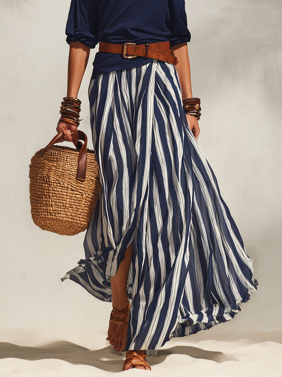 Nautical Off-the-shoulder Top And Striped Chiffon Slit Skirt Set