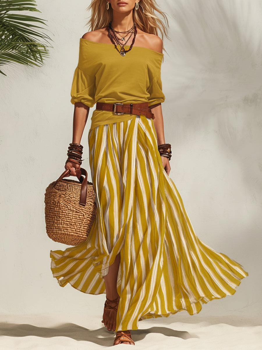 Nautical Off-the-shoulder Top And Striped Chiffon Slit Skirt Set