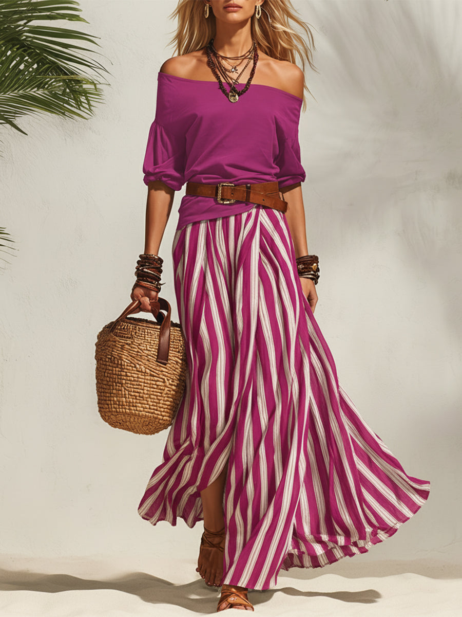 Nautical Off-the-shoulder Top And Striped Chiffon Slit Skirt Set