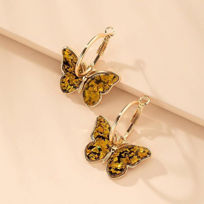 Golden Hoop Earrings with Multicolored Butterflies