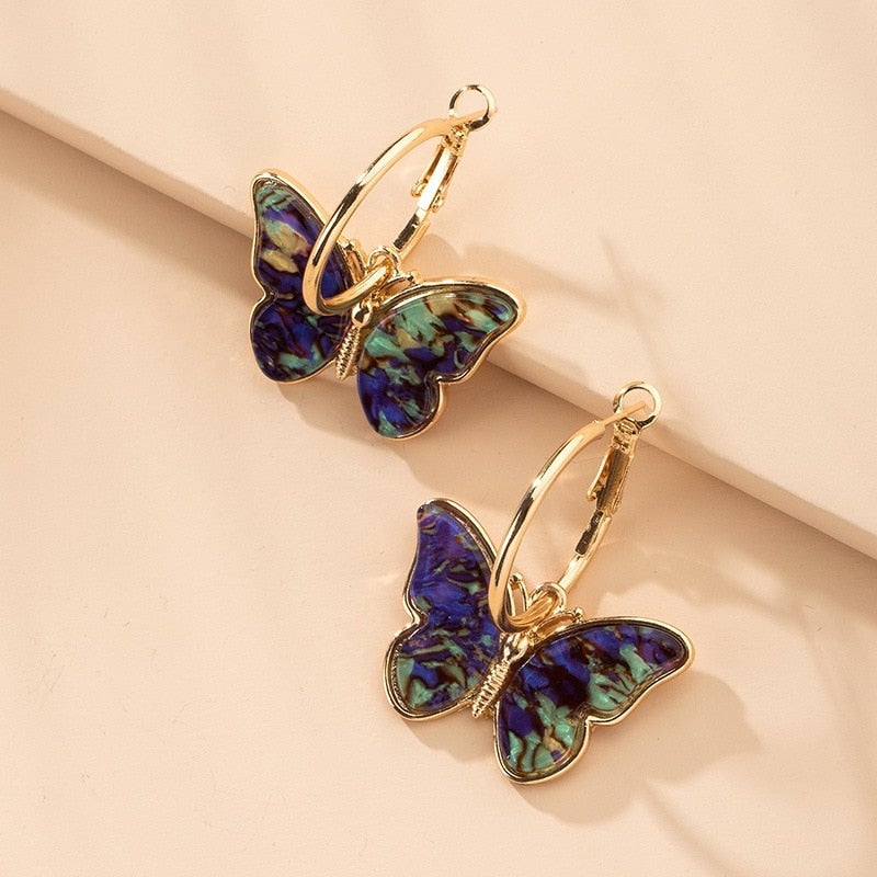 Golden Hoop Earrings with Multicolored Butterflies