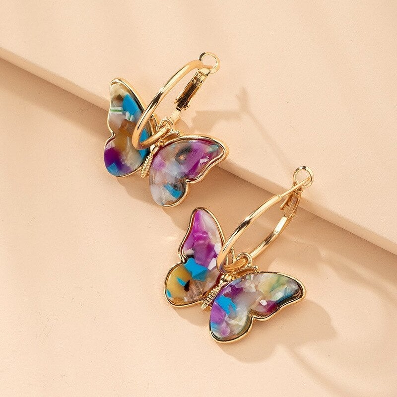 Golden Hoop Earrings with Multicolored Butterflies