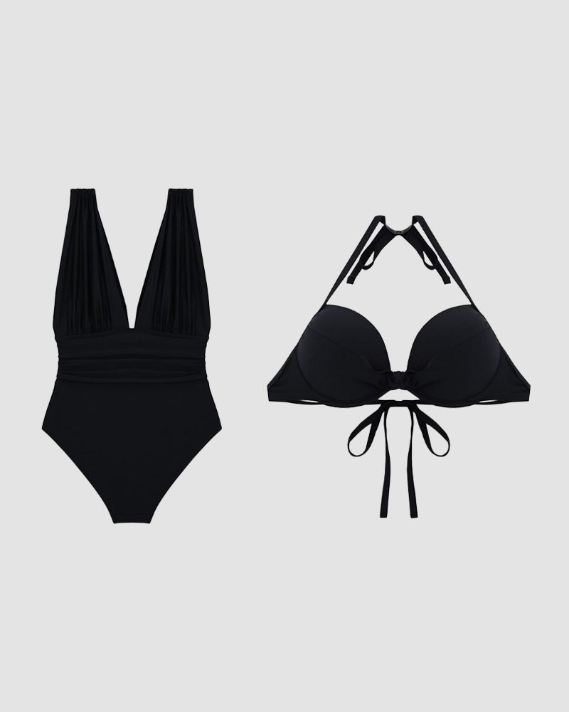 Shaping Swimsuit with V-Neck and Halter Strap