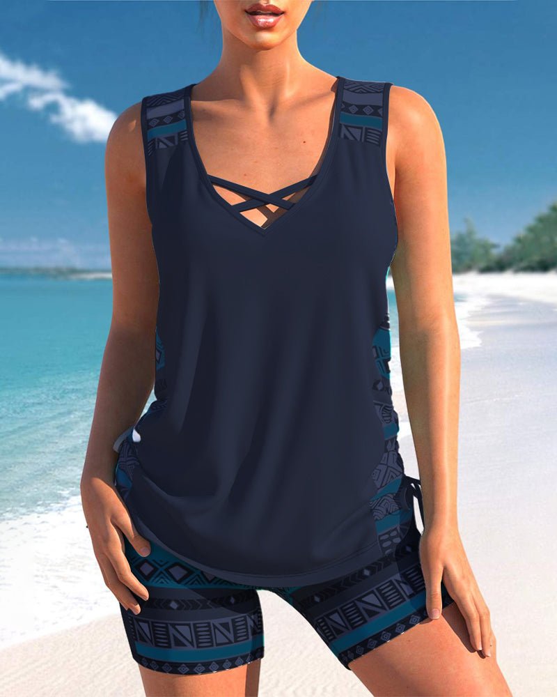 Tankini with geometric print and V-neck