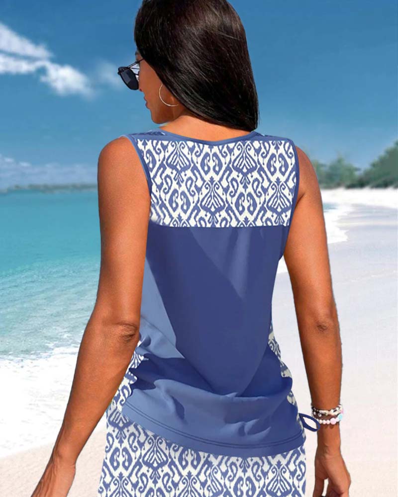 Tankini with geometric print and V-neck