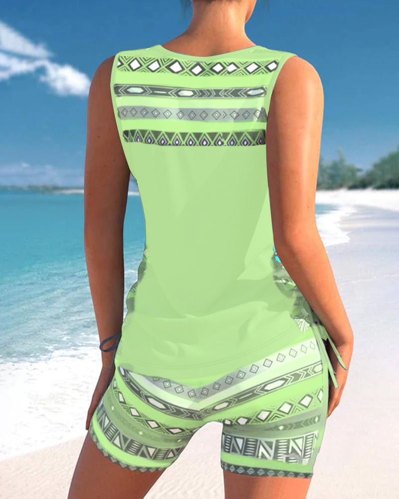 Tankini with geometric print and V-neck