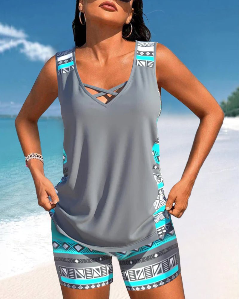 Tankini with geometric print and V-neck