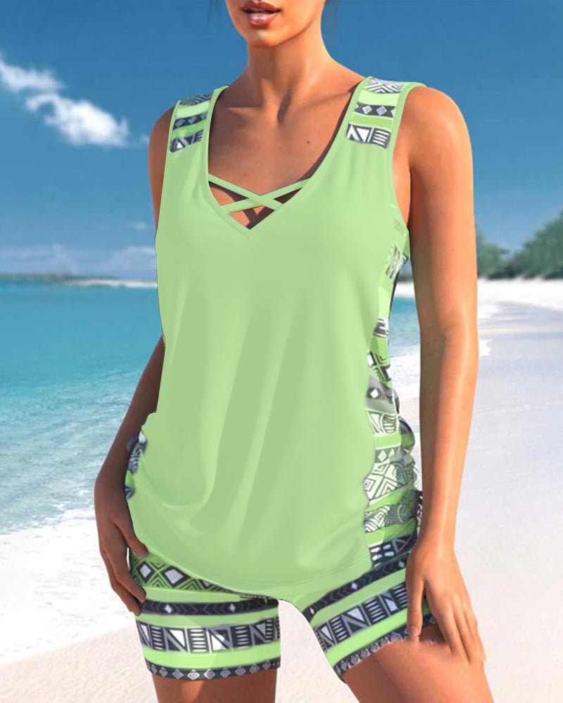 Tankini with geometric print and V-neck