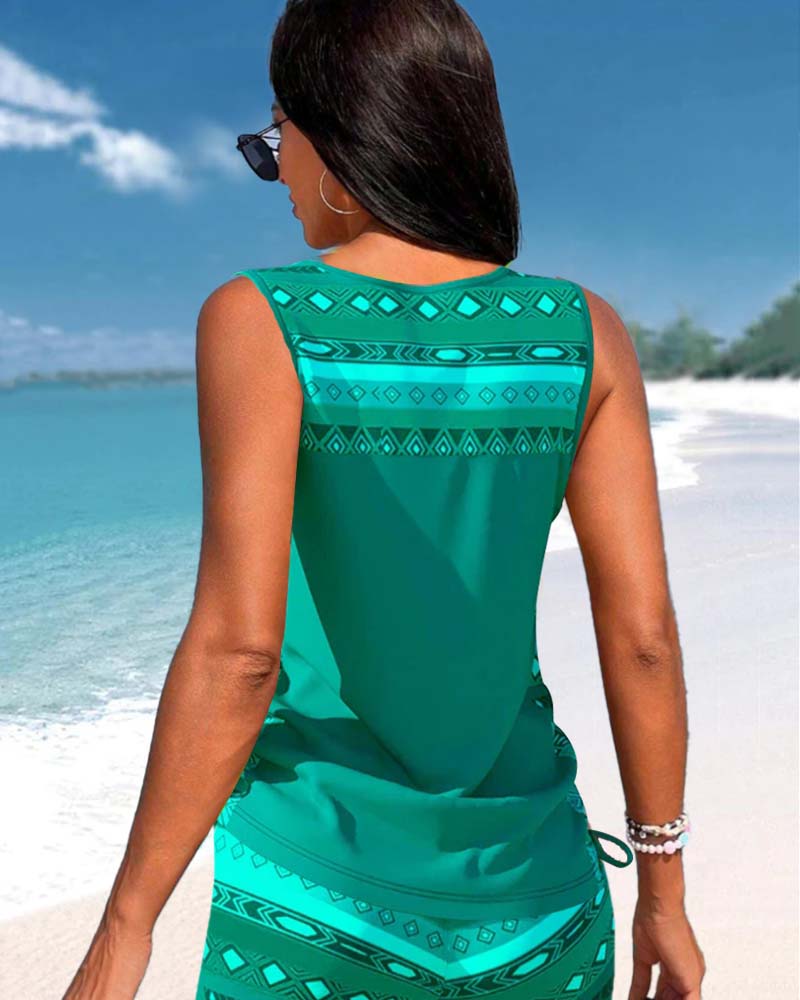 Tankini with geometric print and V-neck