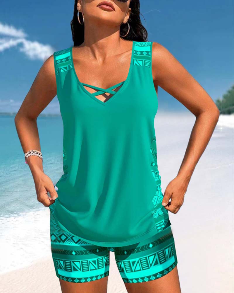 Tankini with geometric print and V-neck