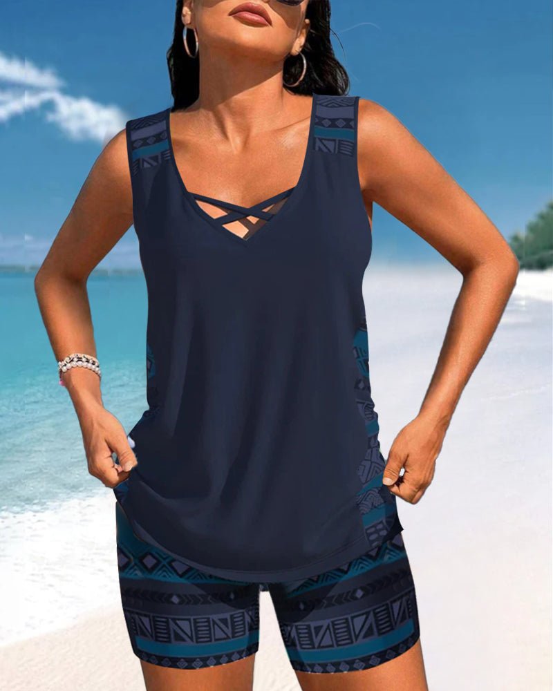 Tankini with geometric print and V-neck