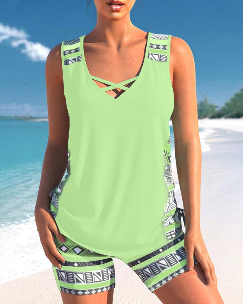 Tankini with geometric print and V-neck