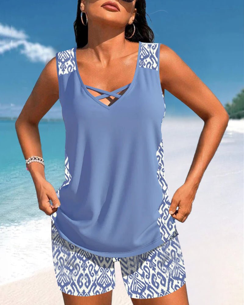 Tankini with geometric print and V-neck
