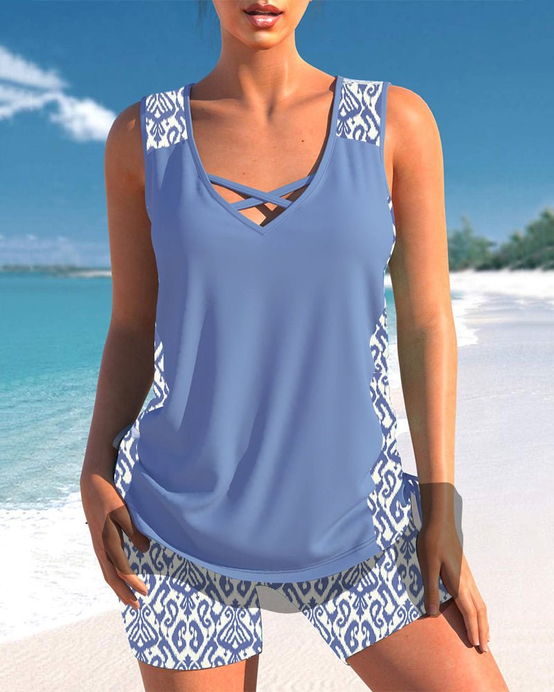 Tankini with geometric print and V-neck