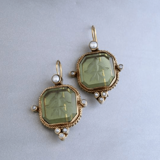 Vintage Green & Pearls Earrings